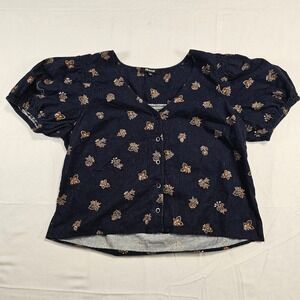 Madewell Dark Wash Butterfly Print Puff Sleeve Button Front Top Size S Core